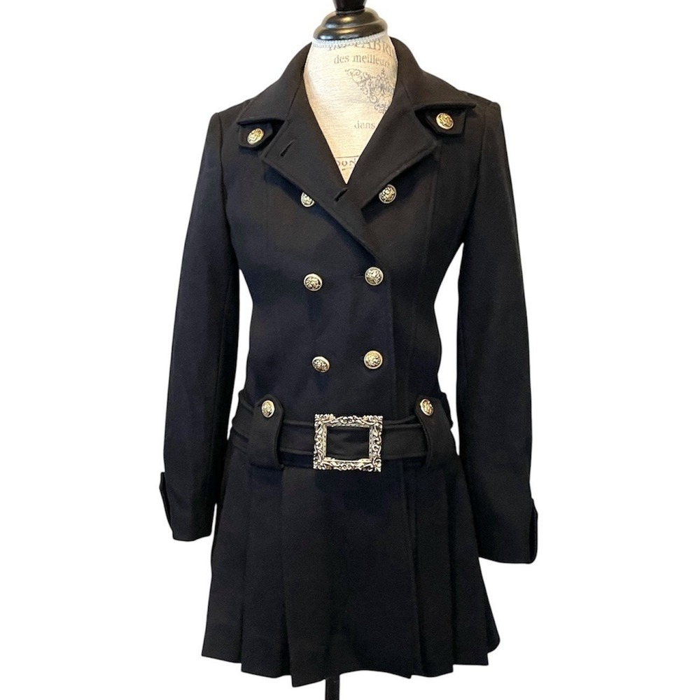 Vintage GUESS Y2K Black Wool Military Coat Gold Buttons Belted XS